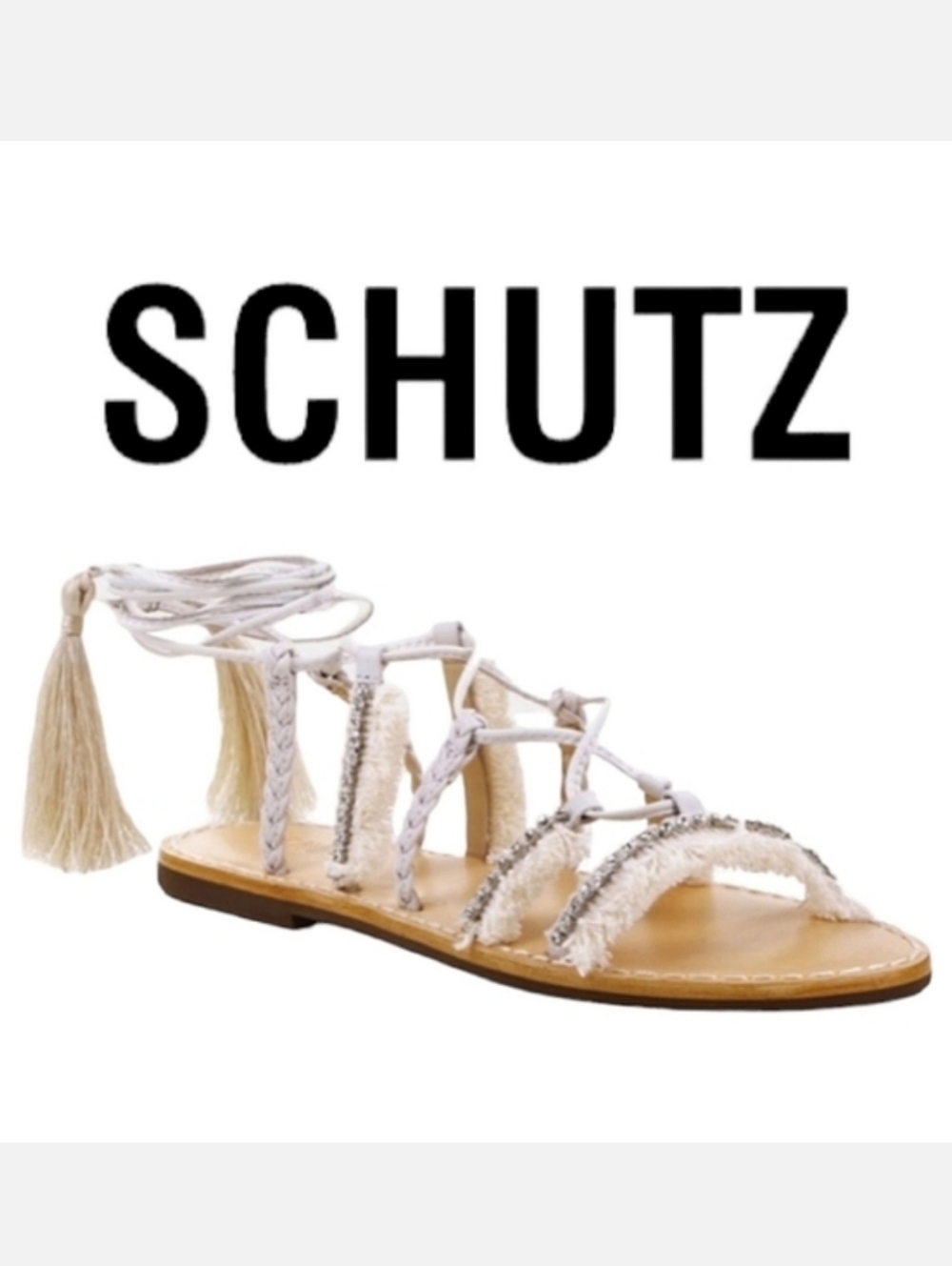 Schutz Jolina Strappy Wrap Sandals Crystal Embellished Sand Pearl 7½-8 NWT
